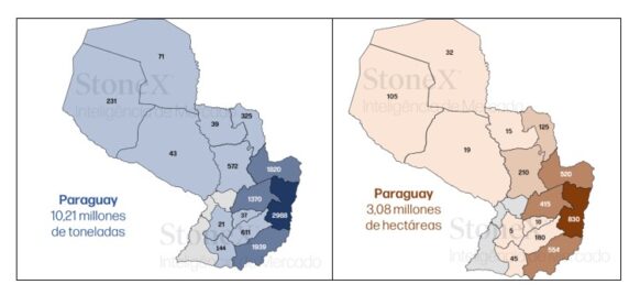 Estimación De Producción (mil Tons, Izquierda) Y área Plantada (mil Ha, Derecha) De Soja Por Departamento 2026 27 – Ago. 2026