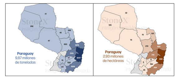 Mapa 1 Estimación De Producción (mil Tons, Izquierda) Y área Plantada (mil Ha, Derecha) De Soja Por Departamento 2026 27 – Sept. 2026