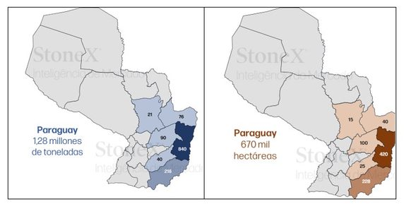 Mapa 2 Estimación De Producción (mil Tons, Izquierda) Y área Plantada (mil Ha, Derecha) De Soja Por Departamento 2027 2ª Zafra – Sept. 2026